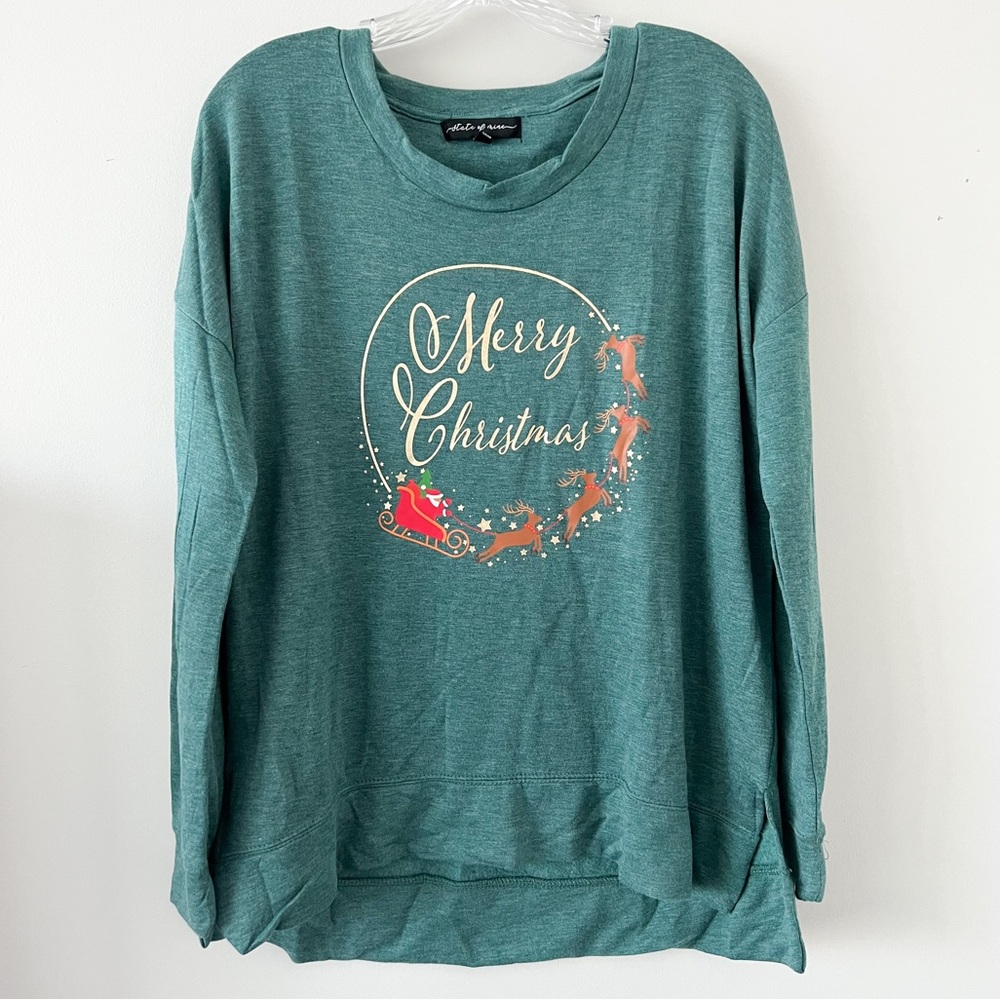 Merry Christmas Santa Reindeer Green Pullover Sweatshirt Size Large